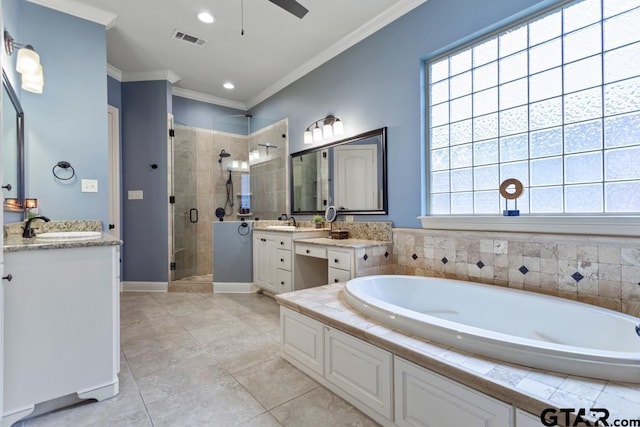 bathroom with visible vents, two vanities, ornamental molding, a stall shower, and a sink