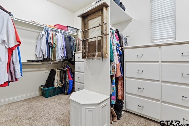 spacious closet featuring light carpet