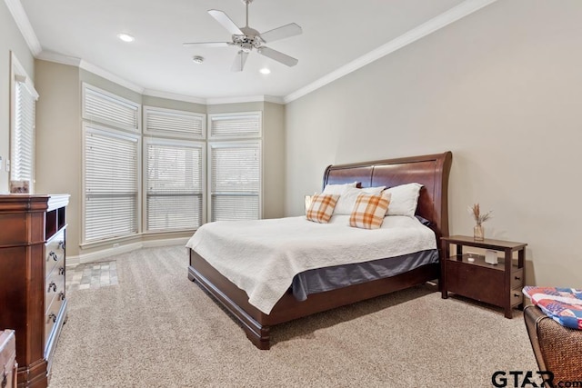 bedroom featuring recessed lighting, ornamental molding, light carpet, ceiling fan, and baseboards