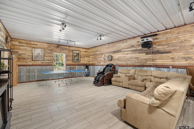 living room featuring wood walls, a fireplace, and rail lighting