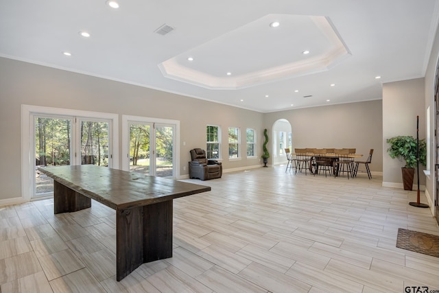 playroom with crown molding and french doors