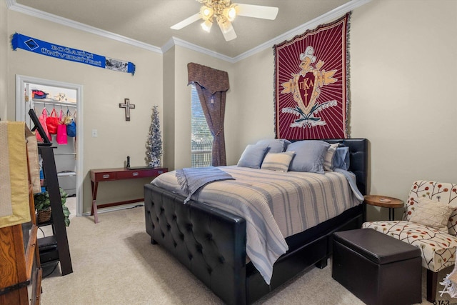 bedroom with ceiling fan, light carpet, and ornamental molding