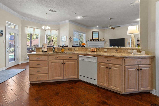 kitchen featuring sink, a textured ceiling, hanging light fixtures, dishwasher, and dark hardwood / wood-style flooring