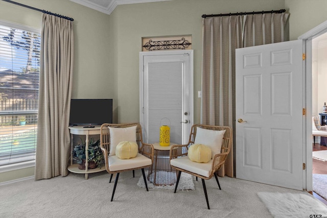 sitting room featuring light carpet and crown molding