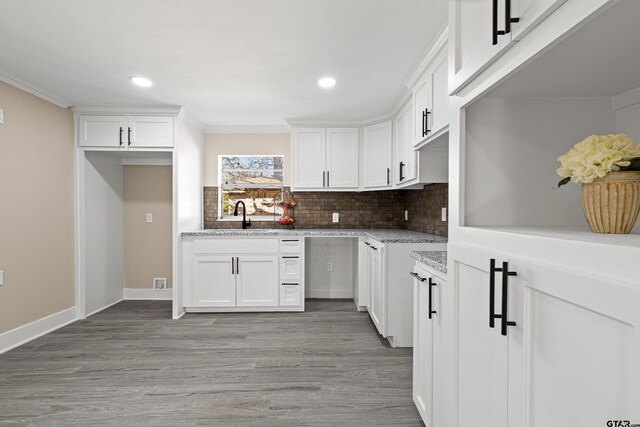 kitchen with white cabinetry, sink, and crown molding