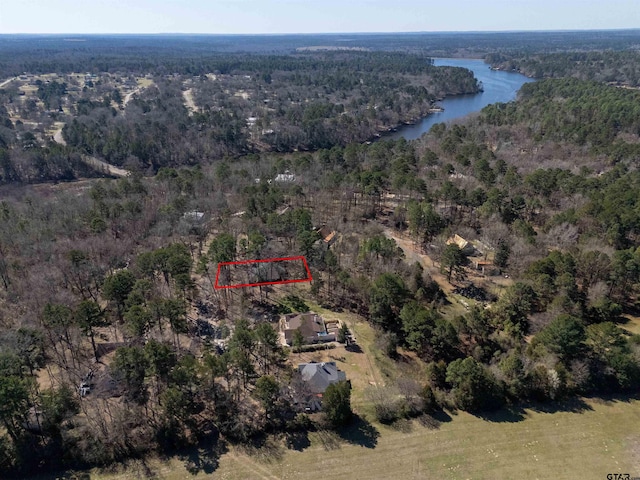 drone / aerial view featuring a wooded view and a water view