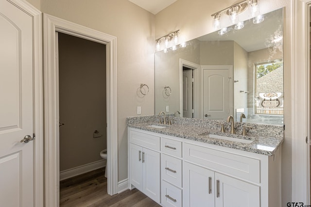 bathroom featuring vanity, wood-type flooring, and toilet