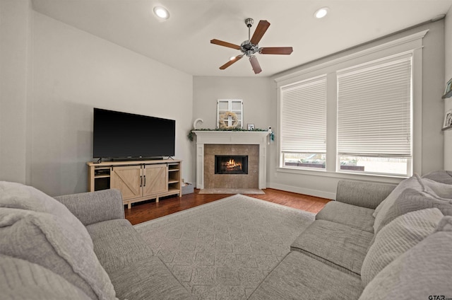 10926 Westhaven Cir, Flint, TX 75762 - living area with wood finished floors, ceiling fan, recessed lighting, and a fireplace