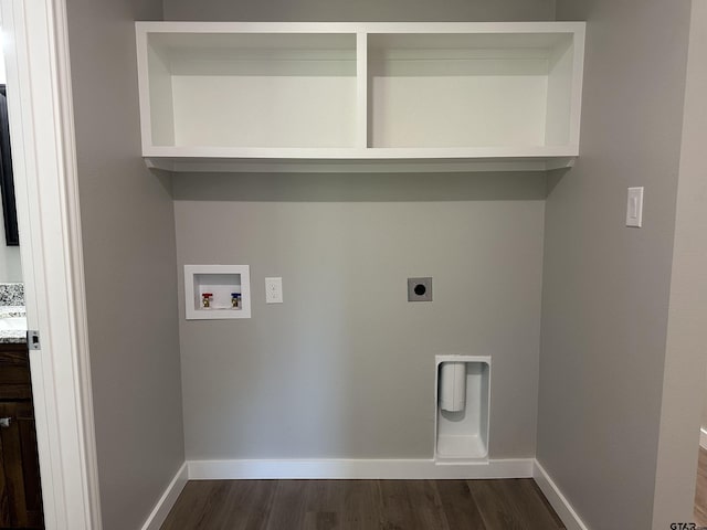 laundry room featuring hookup for an electric dryer, washer hookup, dark wood-style floors, and laundry area
