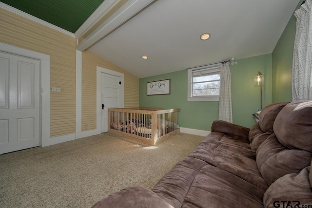 interior space featuring vaulted ceiling with beams