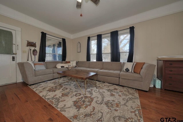 living room with hardwood / wood-style floors and ceiling fan