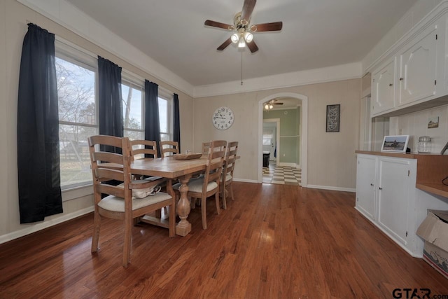 dining space with ceiling fan and hardwood / wood-style floors