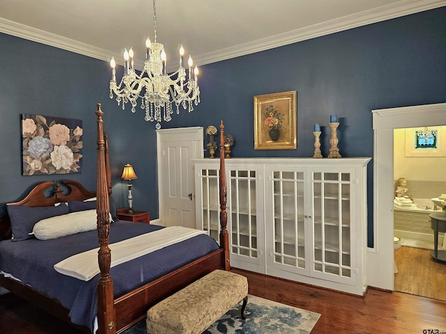 301 W Larissa, Jacksonville, TX 75766 - bedroom with a chandelier, wood finished floors, crown molding, and ensuite bathroom
