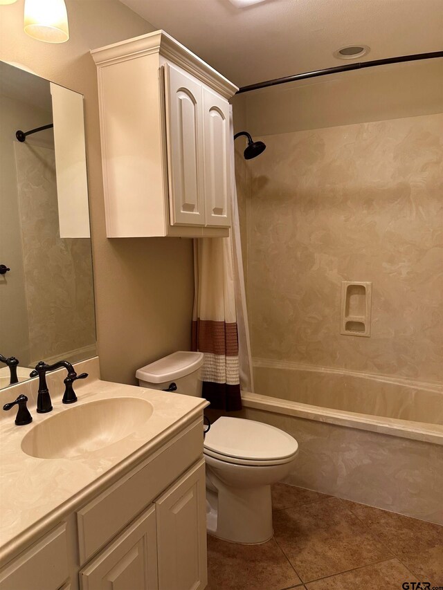 full bathroom with toilet, tile patterned floors, shower / bathtub combination with curtain, and vanity