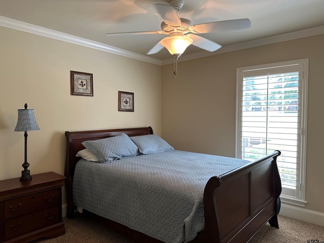 bedroom featuring dark colored carpet, crown molding, multiple windows, and ceiling fan
