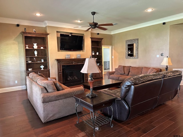 living area featuring baseboards, a fireplace, a ceiling fan, and dark wood finished floors