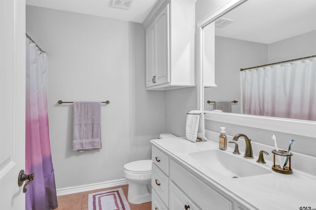 bathroom with toilet, tile patterned floors, and vanity