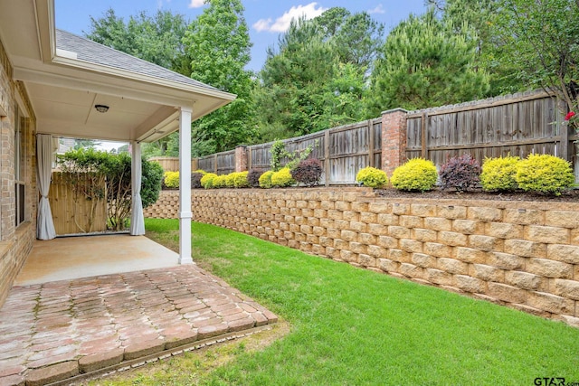 view of yard with a fenced backyard and a patio area