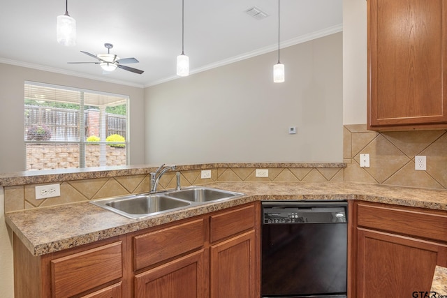 kitchen featuring crown molding, ceiling fan, a sink, dishwasher, and visible vents