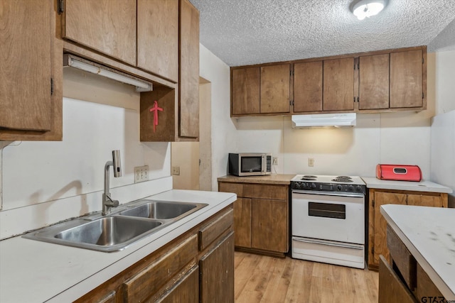 13386 Fm 858, Ben Wheeler, TX 75754 - kitchen with white electric range oven, stainless steel microwave, a sink, light wood finished floors, and light countertops