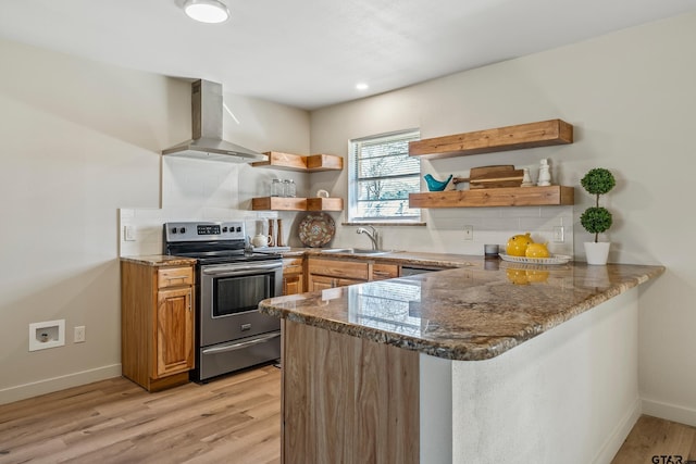 kitchen featuring a peninsula, a sink, wall chimney range hood, decorative backsplash, and stainless steel range with electric stovetop