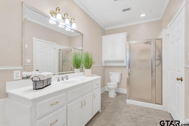 bathroom with vanity, toilet, ornamental molding, a shower stall, and visible vents