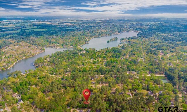 bird's eye view with a wooded view and a water view