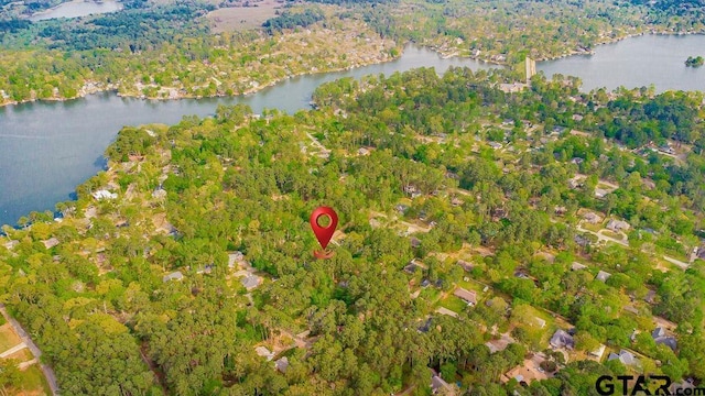 aerial view with a water view and a wooded view