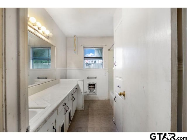 bathroom with vanity and heating unit