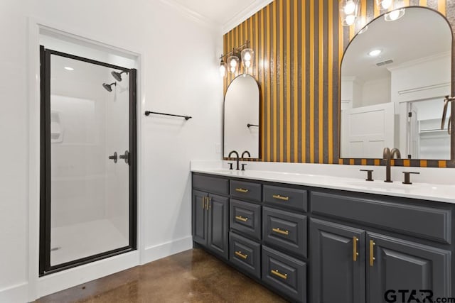 bathroom with crown molding, vanity, concrete floors, and walk in shower