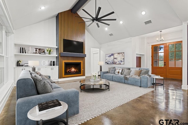 living room with high vaulted ceiling, french doors, ceiling fan with notable chandelier, built in shelves, and beamed ceiling