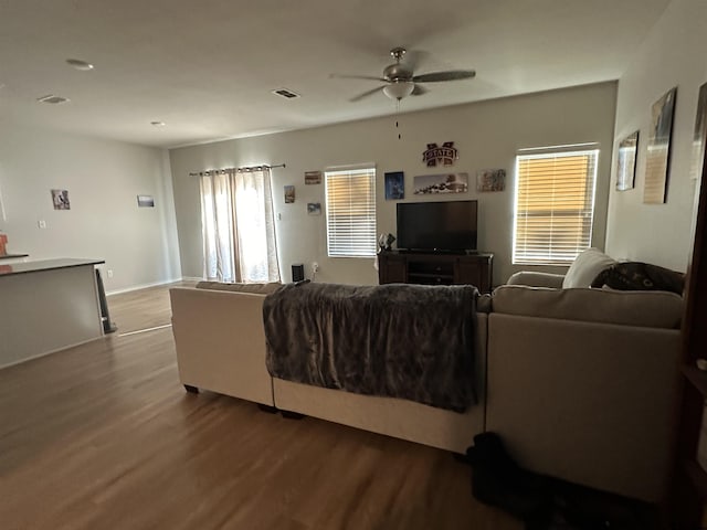 living room featuring ceiling fan and wood-type flooring