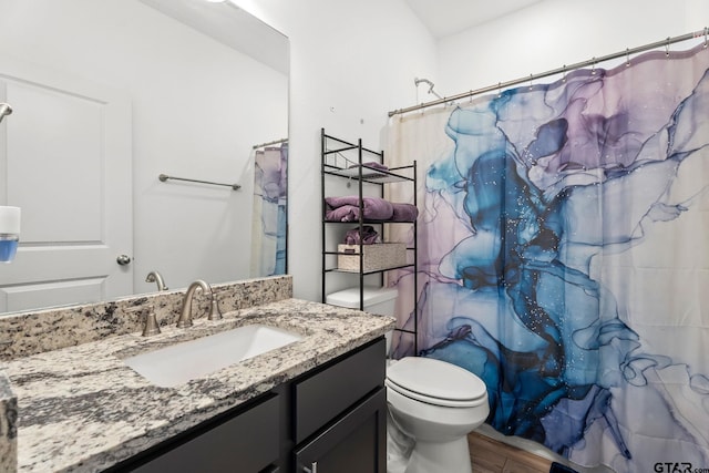 bathroom with toilet, wood-type flooring, vanity, and walk in shower