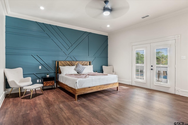 bedroom with ceiling fan, access to outside, dark hardwood / wood-style flooring, french doors, and crown molding