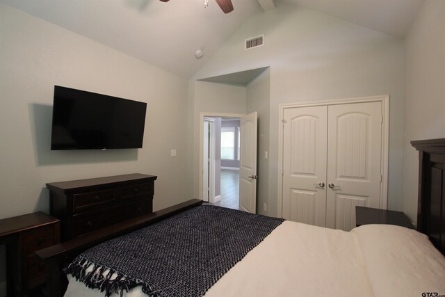 1700 Easy St, Tyler, TX 75703 - bedroom featuring a closet, high vaulted ceiling, beamed ceiling, and a ceiling fan