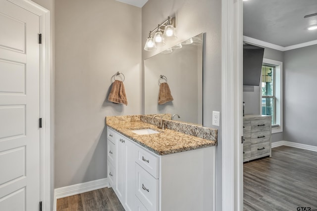 7757 Freestone Dr, Bullard, TX 75757 - bathroom with vanity, wood finished floors, and ornamental molding