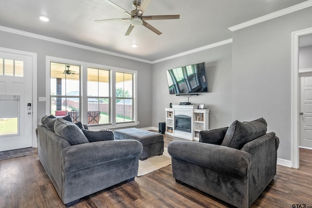 7757 Freestone Dr, Bullard, TX 75757 - living area featuring a ceiling fan, dark wood finished floors, crown molding, and recessed lighting