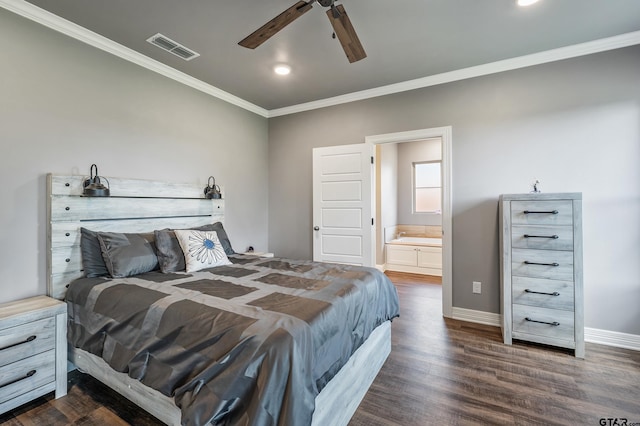7757 Freestone Dr, Bullard, TX 75757 - bedroom with crown molding, dark wood-type flooring, recessed lighting, ensuite bath, and a ceiling fan