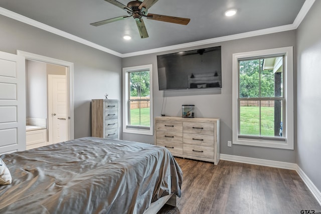 7757 Freestone Dr, Bullard, TX 75757 - bedroom with dark wood-style floors, multiple windows, recessed lighting, ornamental molding, and a ceiling fan