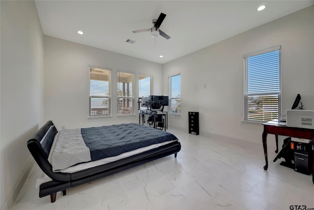 bedroom featuring recessed lighting, marble finish floor, and visible vents