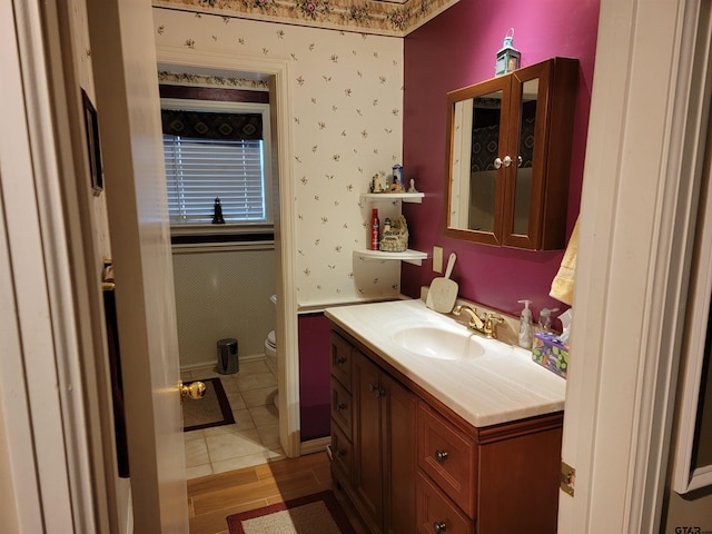 bathroom featuring wood-type flooring, toilet, and vanity