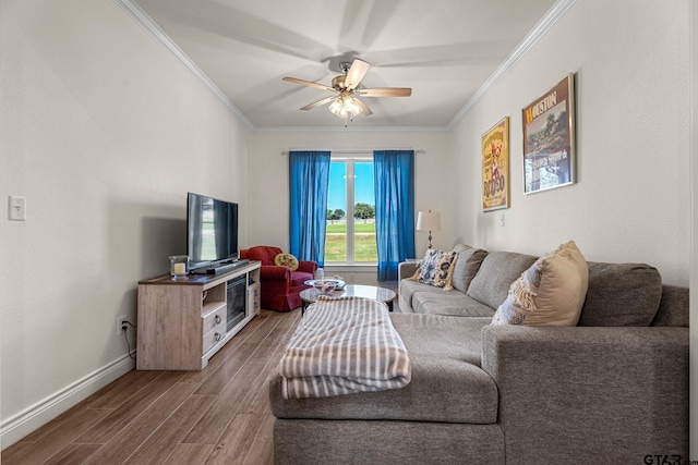 living room with hardwood / wood-style floors, ceiling fan, and ornamental molding