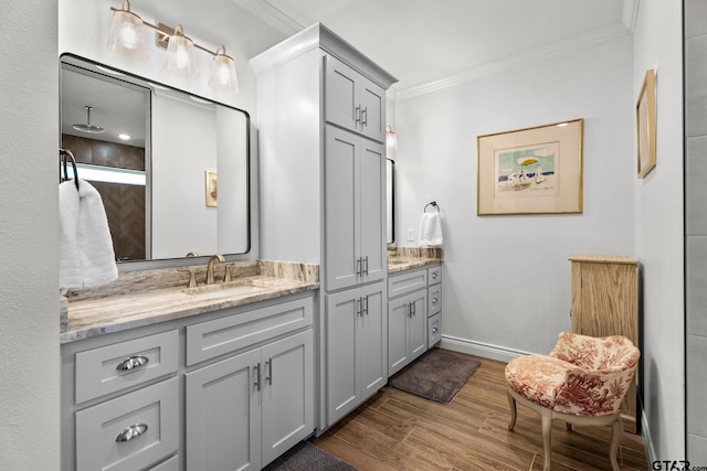 bathroom featuring vanity, wood-type flooring, and crown molding