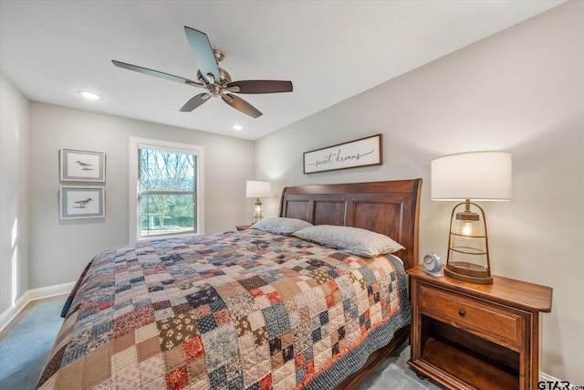 bedroom featuring recessed lighting, a ceiling fan, and baseboards