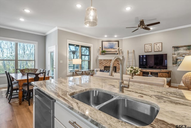 kitchen featuring a sink, crown molding, light wood-style flooring, a fireplace, and stainless steel dishwasher