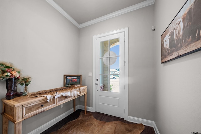409 Meadow Ln, Chandler, TX 75758 - entryway with ornamental molding, dark wood-type flooring, and a desk