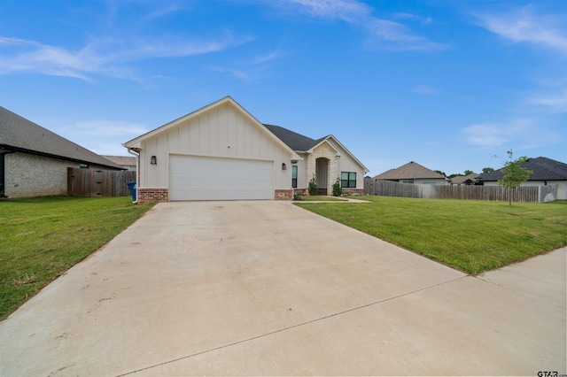 409 Meadow Ln, Chandler, TX 75758 - single story home with board and batten siding, concrete driveway, an attached garage, and brick siding