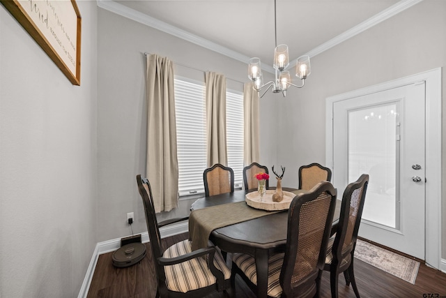 409 Meadow Ln, Chandler, TX 75758 - dining area featuring ornamental molding, a chandelier, and dark wood finished floors