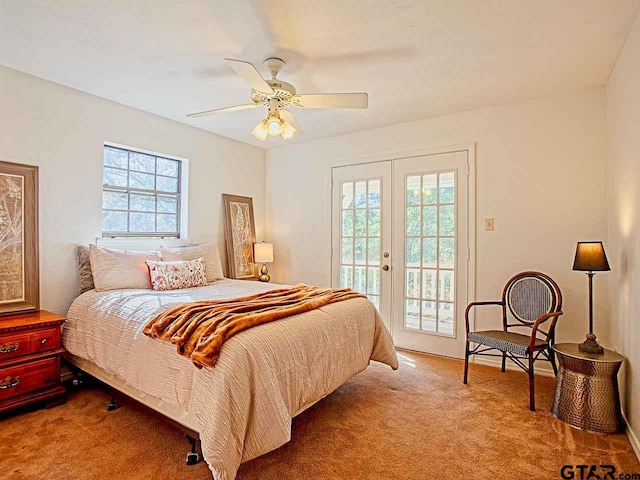 bedroom with access to exterior, carpet, and multiple windows