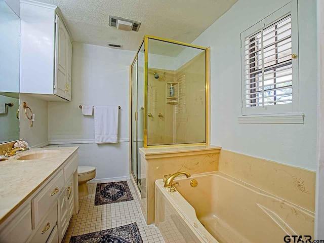 full bathroom with tile patterned flooring, a textured ceiling, vanity, plus walk in shower, and toilet